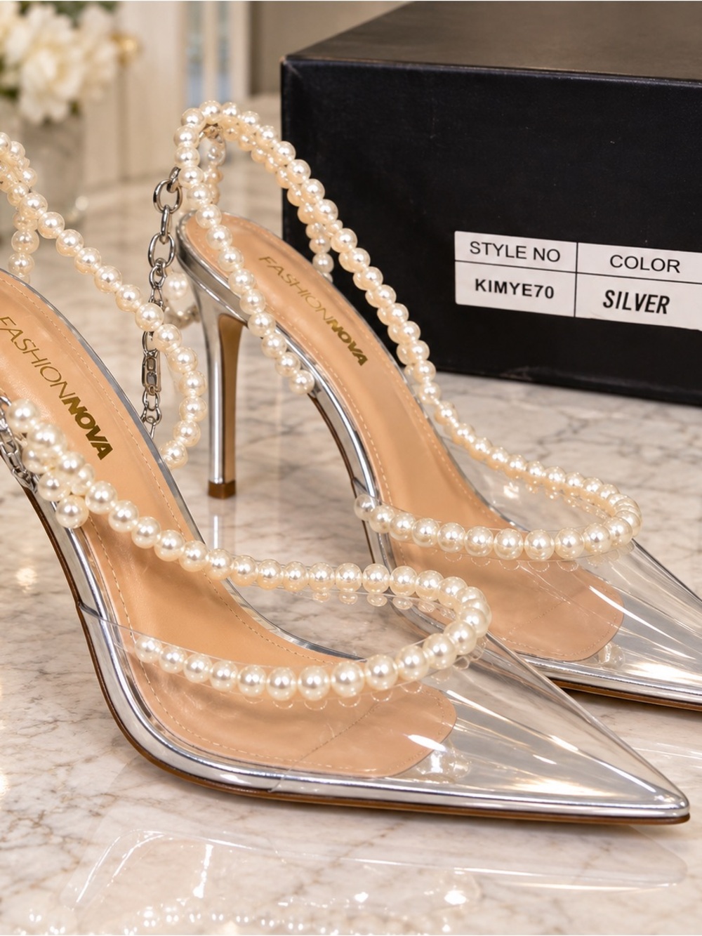 Fashion Nova Silver Clear Pointed Pearl-Strap Stilettos
